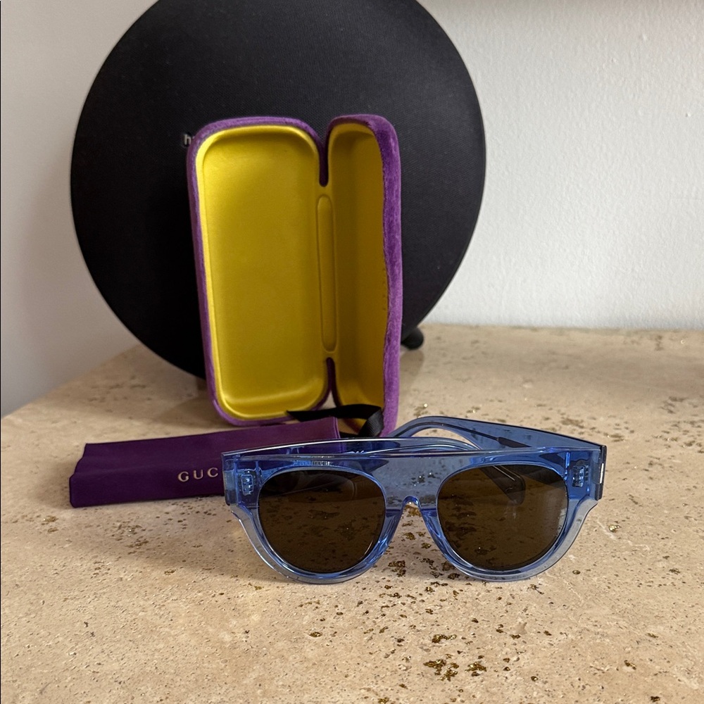 Celine Blue Sunglasses with Gucci Purple and Yellow Case